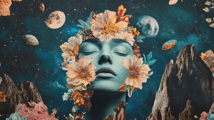 Surreal portrait of a woman surrounded by cosmic elements and vibrant flowers in a dreamlike landscape