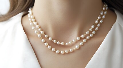 A woman wearing a white shirt and a gold and white necklace