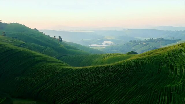 Aerial footage lush green tea plantation stretching rolling hills early morning mist captured high definition video nature video