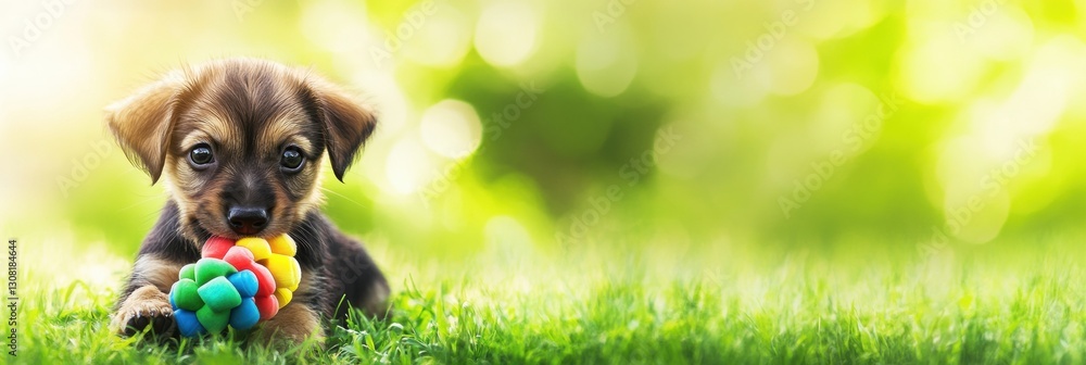 Aufkleber playful puppy on green grass with colorful chew toy enjoying a sunny day in nature generative ai