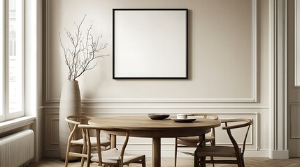 A black-framed square picture hanging on the wall of an elegant dining room with a round wooden table and chairs, beige walls, a vase with branches in it, 