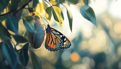 Monarch butterfly emerging from chrysalis, vibrant colors, sunlit leaves, nature's beauty, delicate wings,  life cycle, metamorphosis,  transformation,  wildlife,  insect,  close-up,  detail.