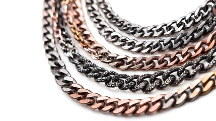 A row of necklaces with different colored chains