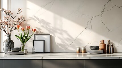 A blank poster frame on the countertop of an elegant kitchen, marble countertop with plates and vases, tulips, hyperrealistic, white walls, do not block picture frame.