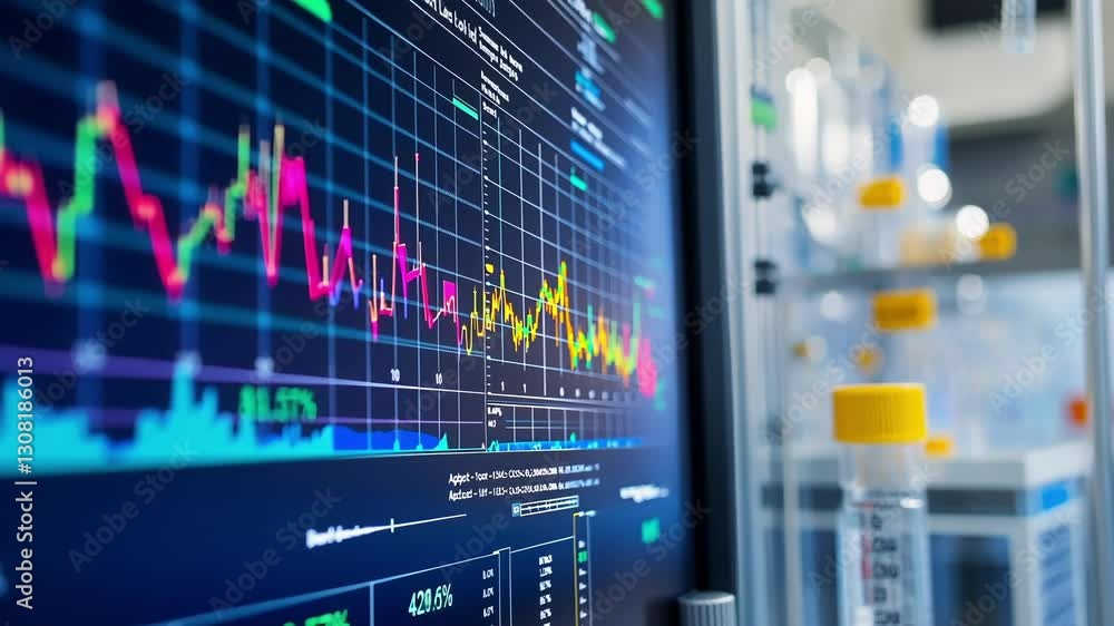 Poster vibrant graphs and charts displayed on a computer screen, representing scientific data analysis in a