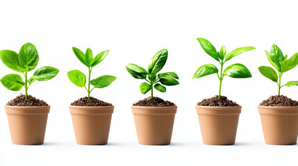 Row of small pots with young plants growing in each pot representing creative business growth in a realistic setting