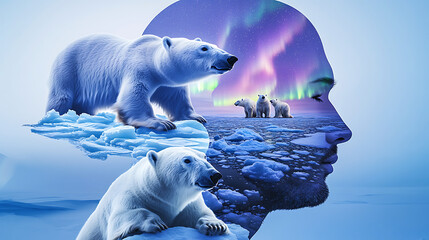 A polar bear is shown in the foreground of a picture of a man's face