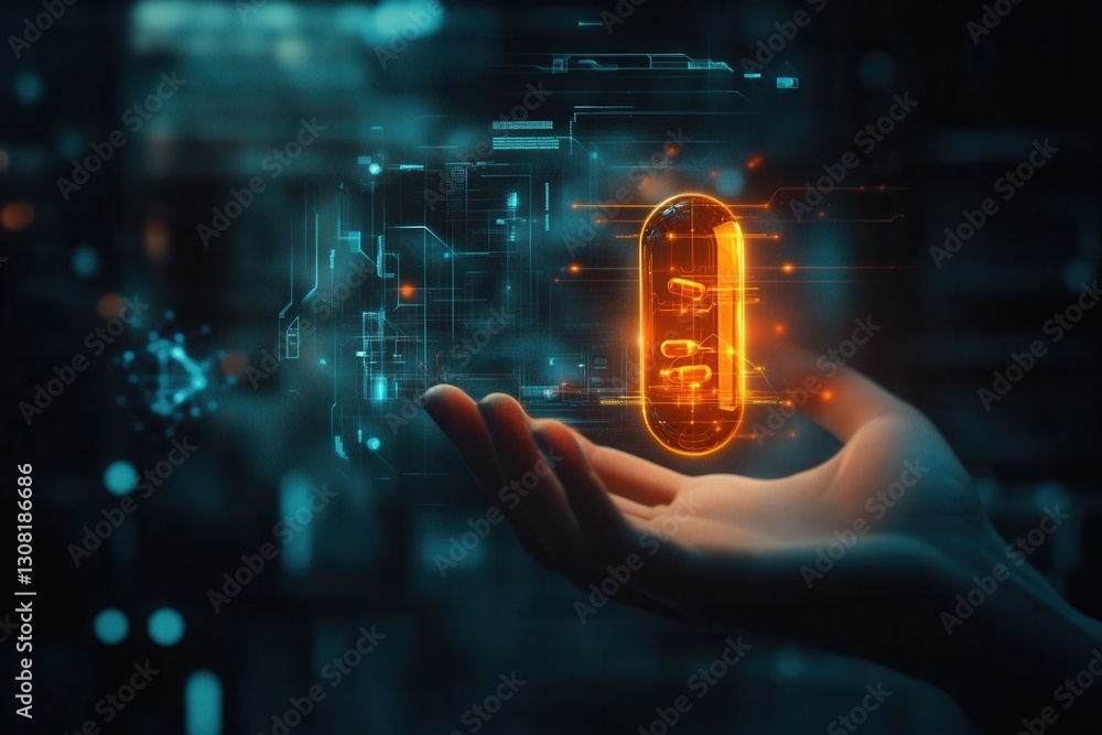Poster glowing futuristic capsule surrounded by holographic medical interfaces in a cyberpunk environment g