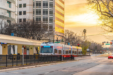  Light rail train and downtown San Jose city skyline in Silicon Valley in California