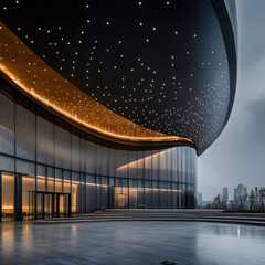 Modern glass architecture, illuminated facade, urban plaza
