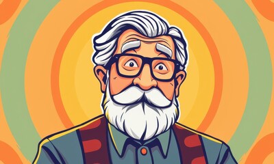 Vibrant Illustration of a Joyful Elderly Man with Glasses and a White Beard, Radiating a Warm and Cheerful Aura Against a Colorful Background
