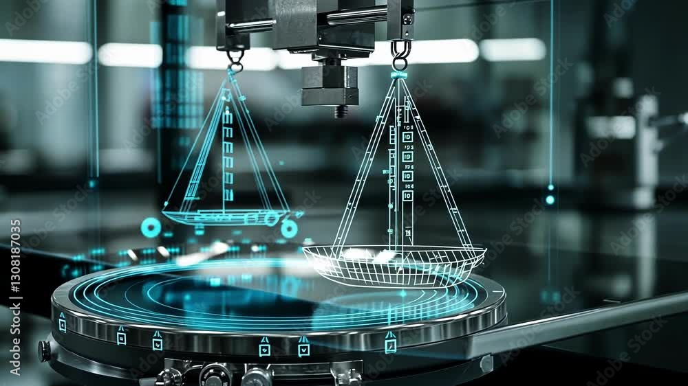 Poster a closeup of precision weighing scales with an overlay of blockchainbased encryption icons on the di