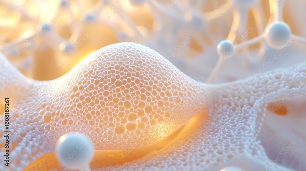 Poster dynamic motion of glowing collagen bubbles laboratory setting 3d animation abstract visualization cl