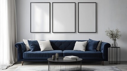 A blank poster frame on the wall of an elegant, modern living room. A navy blue velvet sofa, white walls, a black coffee table with books and a vase of flowers, white curtains, soft lighting