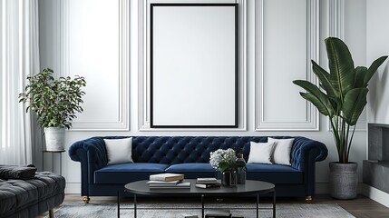 A blank poster frame on the wall of an elegant living room, a navy blue velvet sofa, a marble coffee table, soft daylight