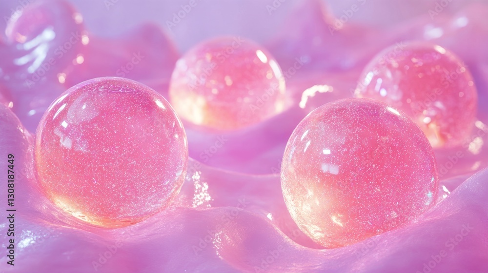 Poster creating floating collagen bubbles with glowing particles a scientific exploration in a laboratory e
