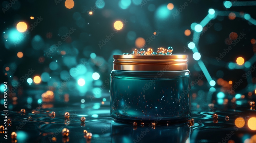 Poster discovering floating collagen bubbles encapsulating glowing particles in a serene aquatic environmen