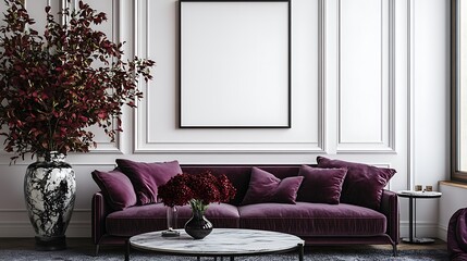 A blank poster frame on the wall of an elegant, modern living room. A purple velvet sofa, a marble coffee table with black and white decoration, 