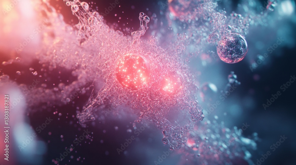 Poster floating molecular designs ethereal glowing structures in high-contrast abstract science visualizati