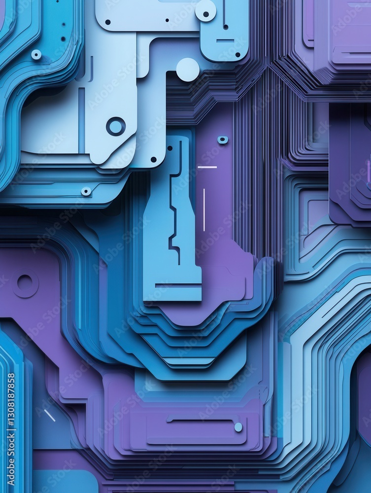 Poster futuristic layered paper art background with abstract digital circuits in cool tones generative ai