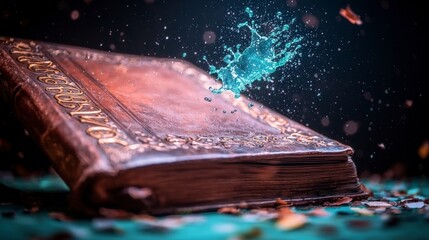 Antique Book  Magic Splash  Fantasy  Mystery  Vintage  Gold Lettering  Leather Bound  Open