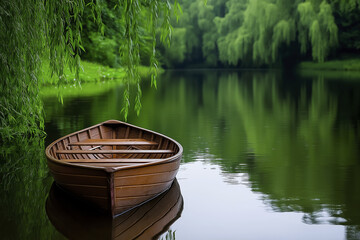 Tranquil river scene with small wooden boat floating gently under lush green willow trees, reflecting in calm water