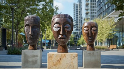 Three wooden sculptures with serene expressions in a modern urban setting surrounded by greenery
