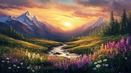Mountain valley at sunrise, vibrant wildflowers, flowing stream.