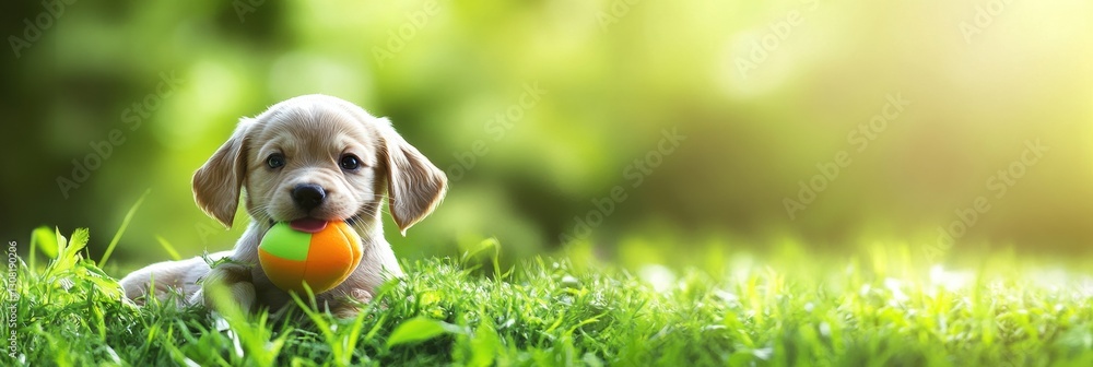 Poster Playful puppy enjoys a sunny afternoon in the grass while holding a colorful chew toy Generative AI