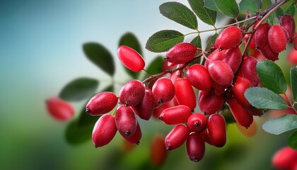 Fototapeta premium ripe barberries on branch with green leaves