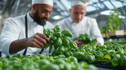 Chefs harvesting fresh basil in hydroponic garden, showcasing teamwork and sustainable practices