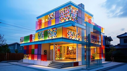 Vibrant Modern Architecture with Colorful Facade at Dusk in a Urban Environment