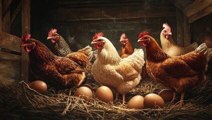 Hens and eggs in a rustic coop.