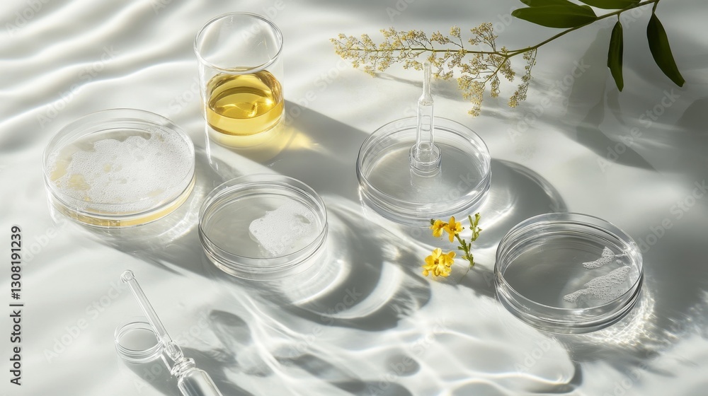 Poster exploring laboratory tools on a rippling water surface a creative visual experiment in a science env