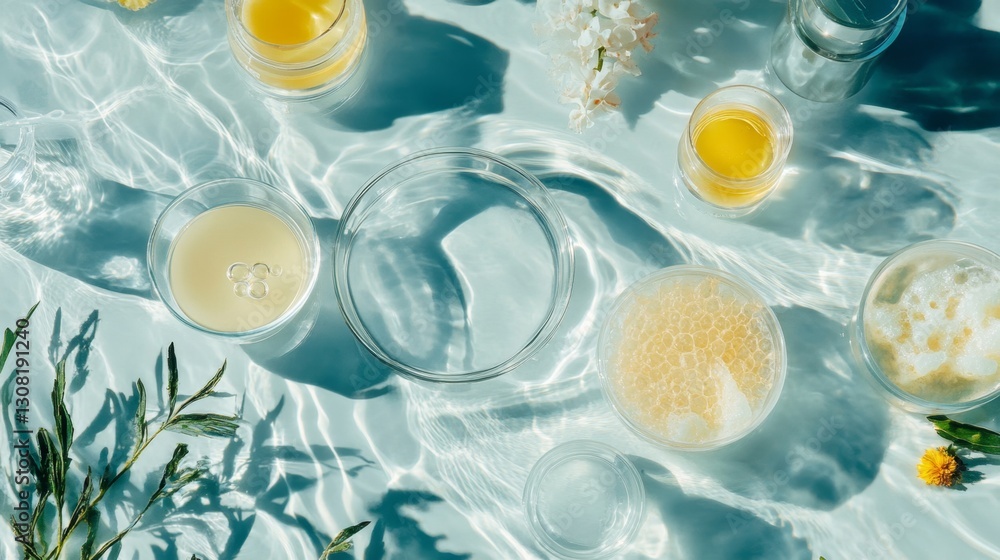 Poster laboratory tools floating on a rippling water surface science exploration visual art serene environm