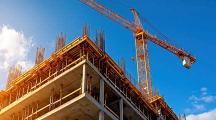 Busy construction site featuring heavy machinery and workers engaged in high-rise construction planning activities