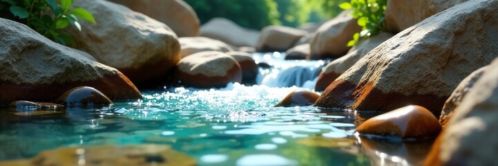Clear water cascades over vibrant, polished stones , jewel tones, flow