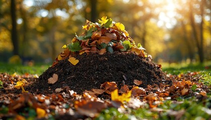 Compost and decomposition. A vibrant pile of autumn leaves illuminated by sunlight in a serene forest setting.