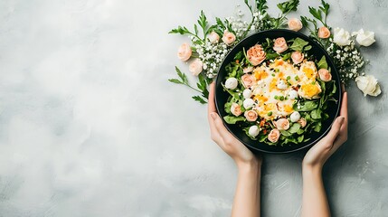 Fresh salad creation home kitchen culinary art bright atmosphere top-down view healthy eating concept