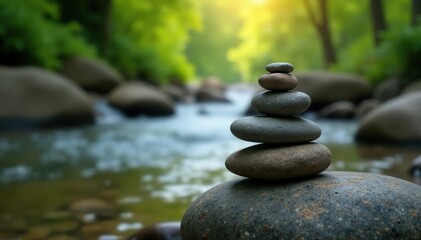 Balanced river stones atop boulder, stream backdrop, stream, art, element