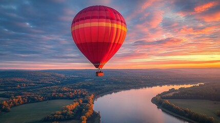 Obraz premium Red Hot Air Balloon Soaring Over Autumnal Landscape at Sunset