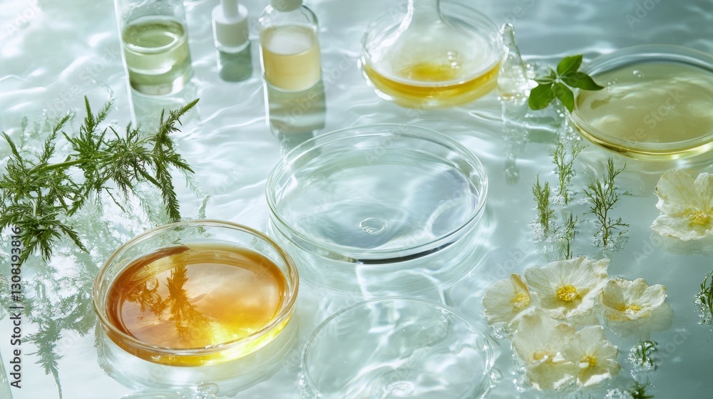 Poster exploring modern lab aesthetics with floating petri dishes in a sleek laboratory environment for sci