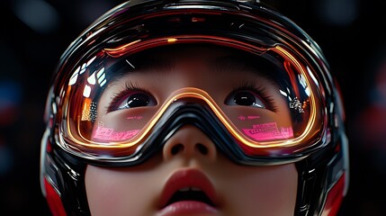 Child in ski goggles ready for action indoor sports arena portrait futuristic environment upward view excitement