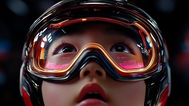 Child in ski goggles ready for action indoor sports arena portrait futuristic environment upward view excitement