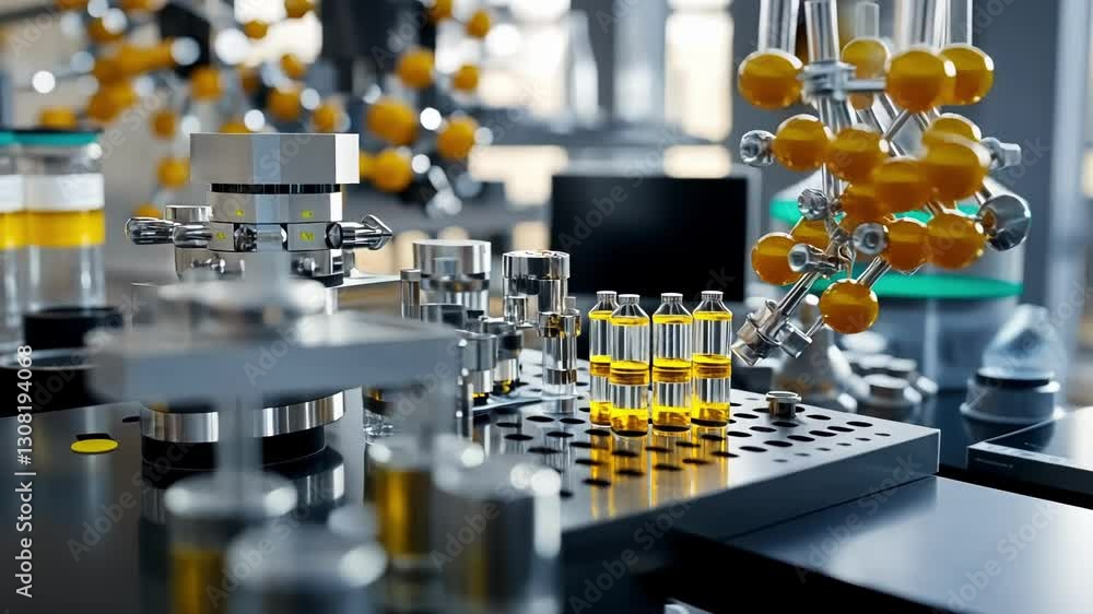 Poster high tech laboratory setting showcasing advanced equipment and molecular models. focus on precision 