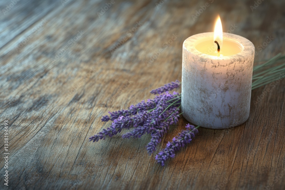 Poster warm and inviting still life featuring a lavender sprig complemented by a lit candle on weathered wo