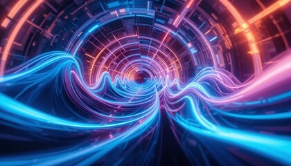 Obraz premium Neon Wave Tunnel, Abstract Digital Art - Neon