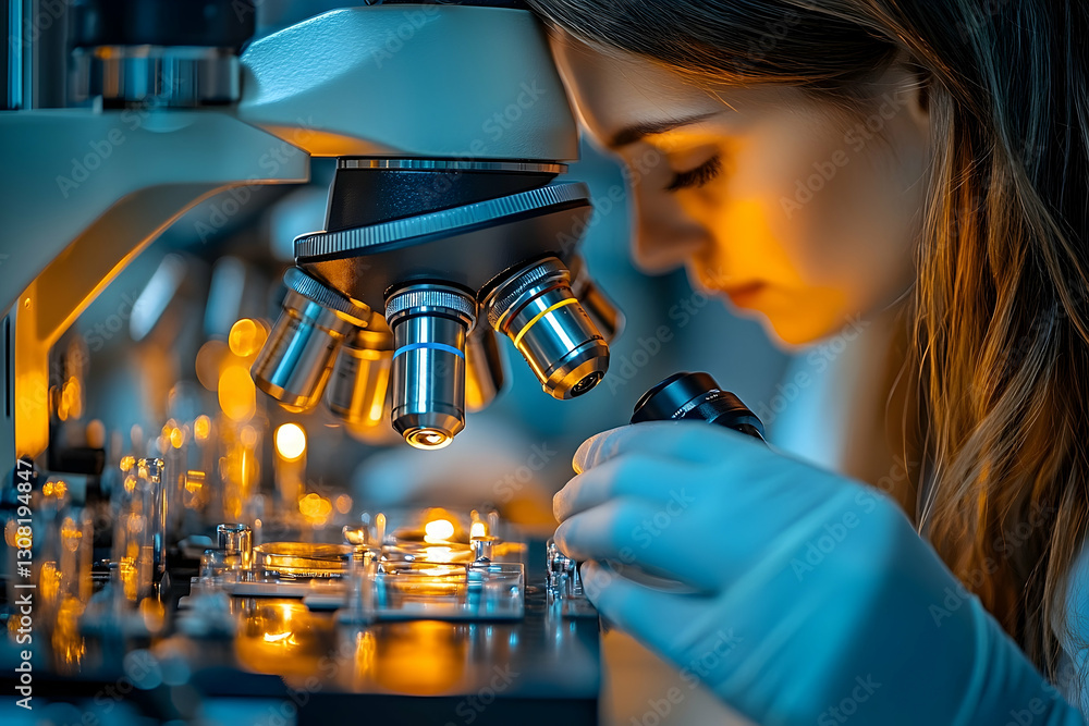 Aufkleber scientist examining samples under microscope in lab
