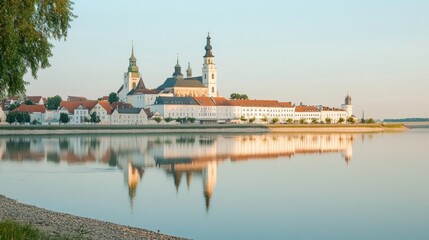 Historic town reflected in tranquil lake at dawn