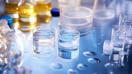 Exploring organic skincare samples in petri dishes on a shimmering background nature-inspired aesthetic scientific perspective beauty innovations